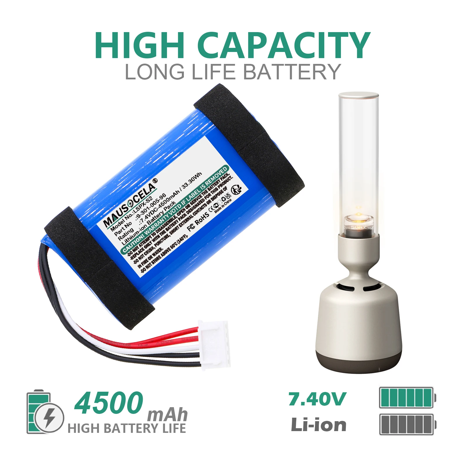 4500mAh Speaker Battery For Sony:LSPX-S2,LSPX-S3,9-301-005-96,+Toolkit,--Li-ion--7.40V--4500mAh / 33.30Wh
4500mAh Speaker Battery For Sony:LSPX-S2,LSPX-S3,9-301-005-96,+Toolkit,--Li-ion--7.40V--4500mAh / 33.30Wh
