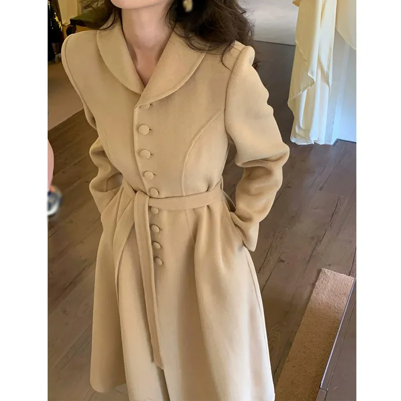 French Lapel Elegant Strap Waist Slim Long Woolen Coat Women Autumn Winter Korean Temperament Vintage Long Coat Women's Clothing
French Lapel Elegant Strap Waist Slim Long Woolen Coat Women Autumn Winter Korean Temperament Vintage Long Coat Women's Clothing