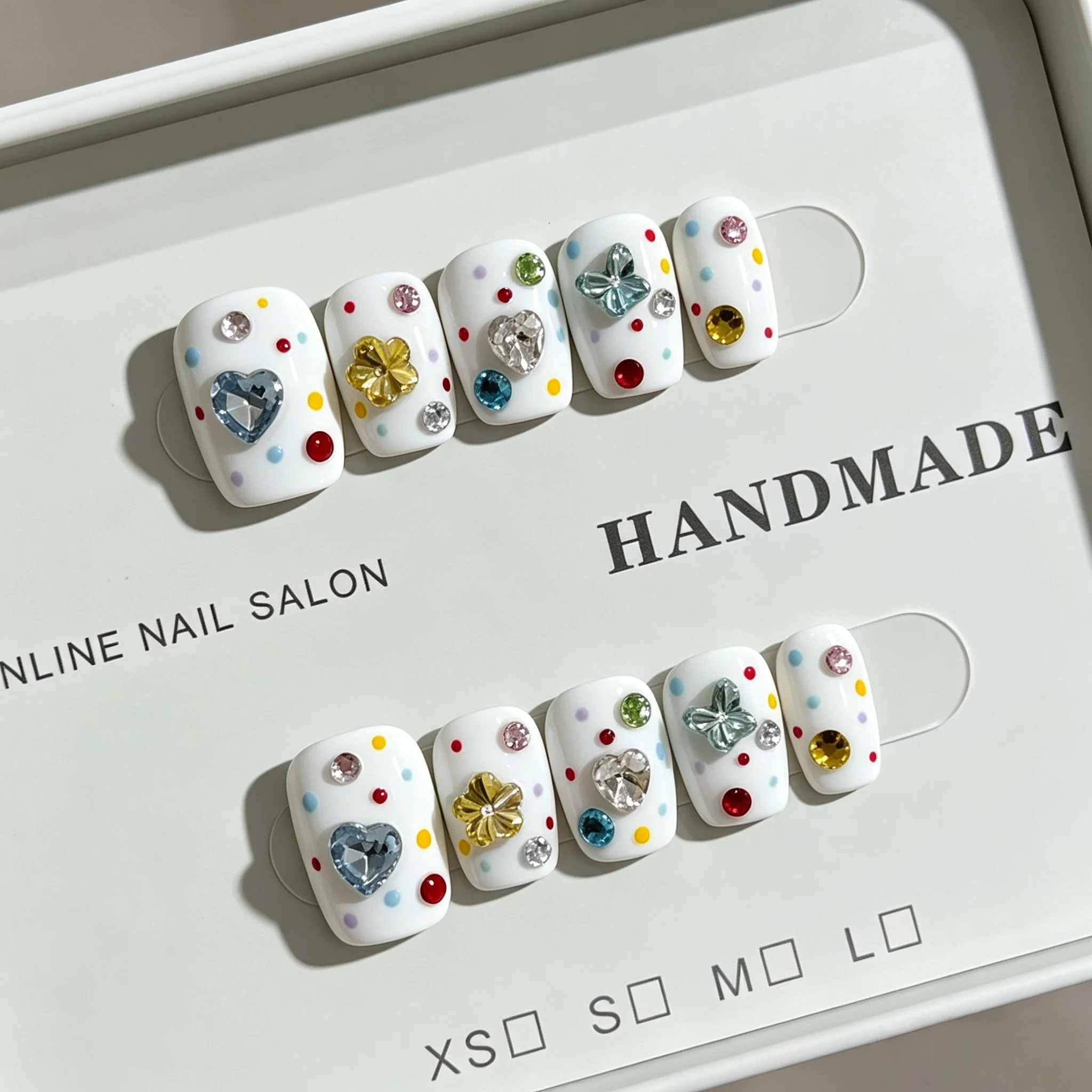 10pcs Handmade Press On Nails White Colorful Polka Dot Fake Nail 3D Heart Butterfly Rhinestones Square False Nail Art for Women
10pcs Handmade Press On Nails White Colorful Polka Dot Fake Nail 3D Heart Butterfly Rhinestones Square False Nail Art for Women