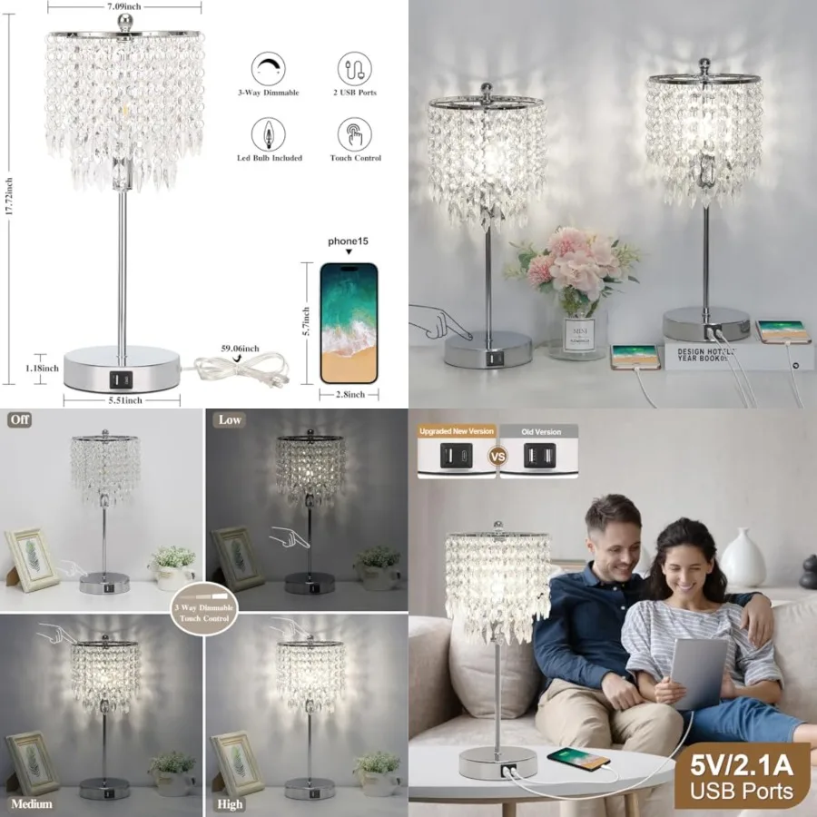 Crystal Table Lamp Set of 2 Touch Control, Crystal Lamps with USB Ports Elegant Shade Bedside Lamp, Dimmable Touch Table Lamp f
Crystal Table Lamp Set of 2 Touch Control, Crystal Lamps with USB Ports Elegant Shade Bedside Lamp, Dimmable Touch Table Lamp f