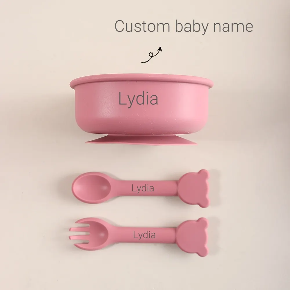 Custom Name Baby Bowl 300ML Cute Bear Silicone Suction Bowl with Strong Suction Base Baby silicone bear head spoon and fork set
Custom Name Baby Bowl 300ML Cute Bear Silicone Suction Bowl with Strong Suction Base Baby silicone bear head spoon and fork set
