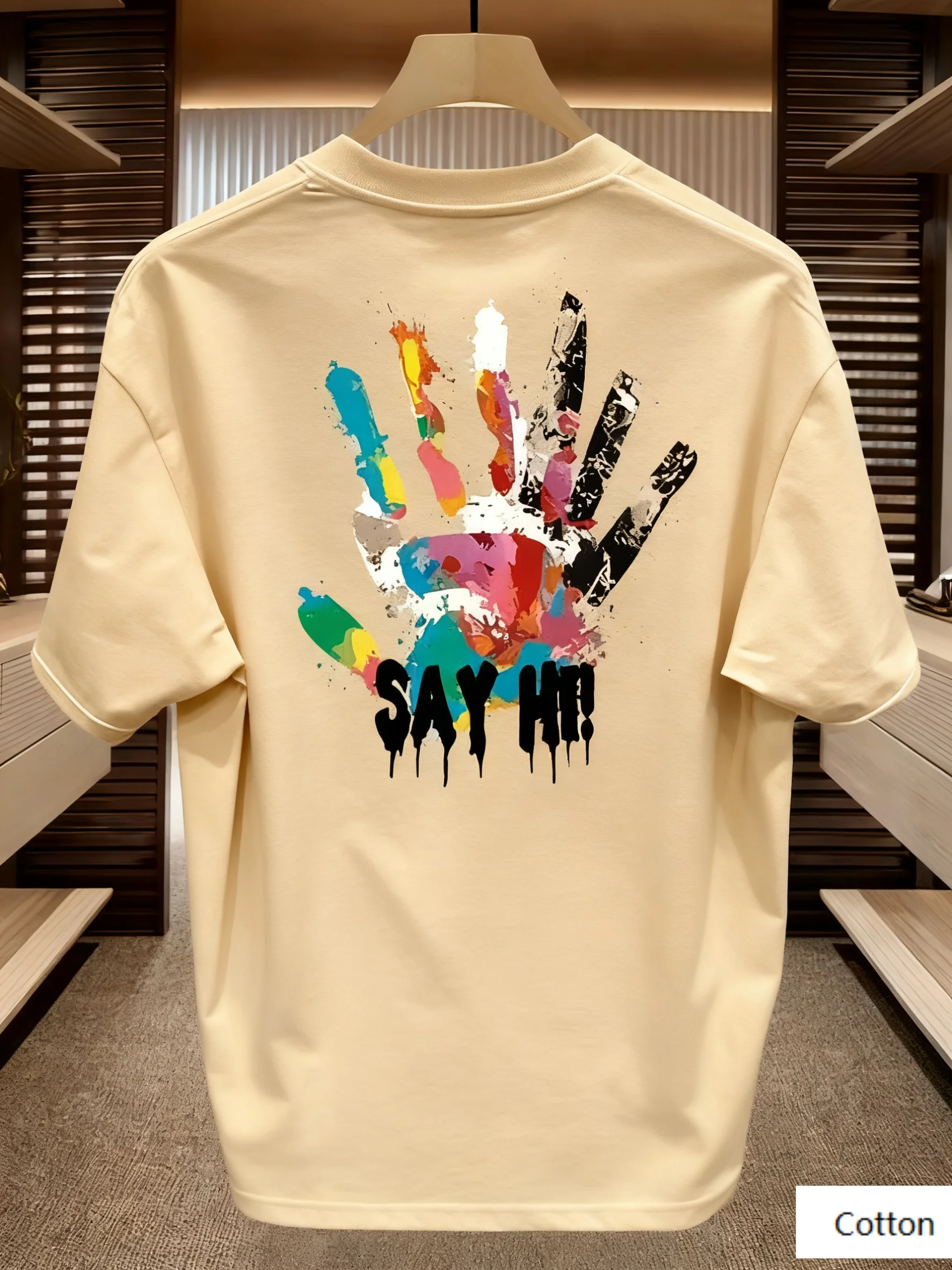 Funny “say Hi” Print Trendy Street - Graffiti Themed Crew Neck T - Shirt Showcasing A Distinctive Colorful Handprint Design
Funny “say Hi” Print Trendy Street - Graffiti Themed Crew Neck T - Shirt Showcasing A Distinctive Colorful Handprint Design