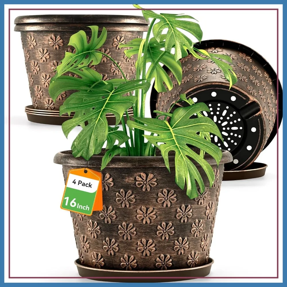 16 Inch Large Plastic Plant Pots, 4 Pack with Drainage & Saucer, Retro Decorative Garden Pots for Indoor Outdoor Use
16 Inch Large Plastic Plant Pots, 4 Pack with Drainage & Saucer, Retro Decorative Garden Pots for Indoor Outdoor Use