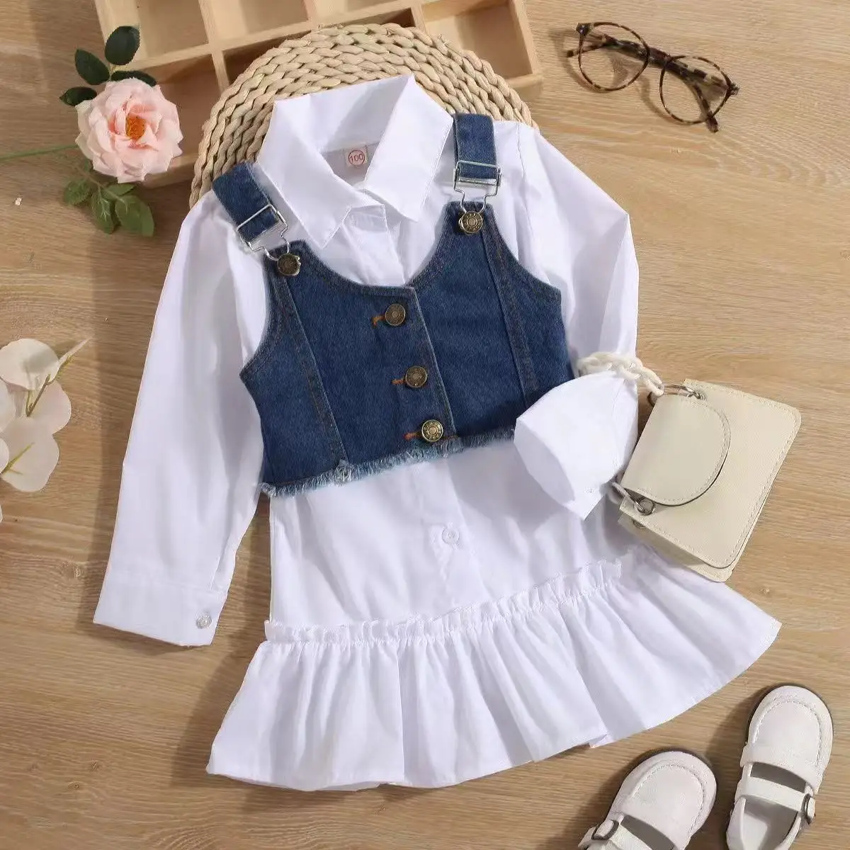2026 New Spring Autumn Kids Casual Two-Piece Set Ruffle Collared Shirt Dress With Denim Vest for Girls for 90-130cm
2026 New Spring Autumn Kids Casual Two-Piece Set Ruffle Collared Shirt Dress With Denim Vest for Girls for 90-130cm