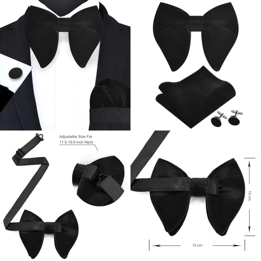 Mens Solid Plaid Velvet Pre-tied Adjustable Bow Tie and Pocket Square Cufflink Set with Gift Box,Black
Mens Solid Plaid Velvet Pre-tied Adjustable Bow Tie and Pocket Square Cufflink Set with Gift Box,Black