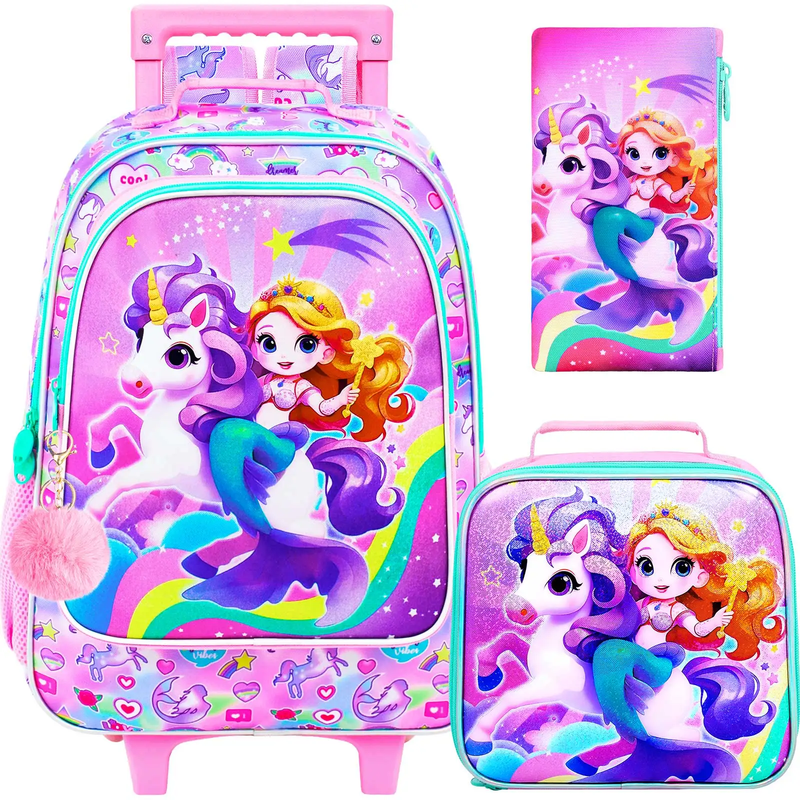 3Pcs Girls Mermaid Unicorn Rolling Backpack Set, Magic Wand Wheeled School Bag with Lunch Box Pencil Case
3Pcs Girls Mermaid Unicorn Rolling Backpack Set, Magic Wand Wheeled School Bag with Lunch Box Pencil Case