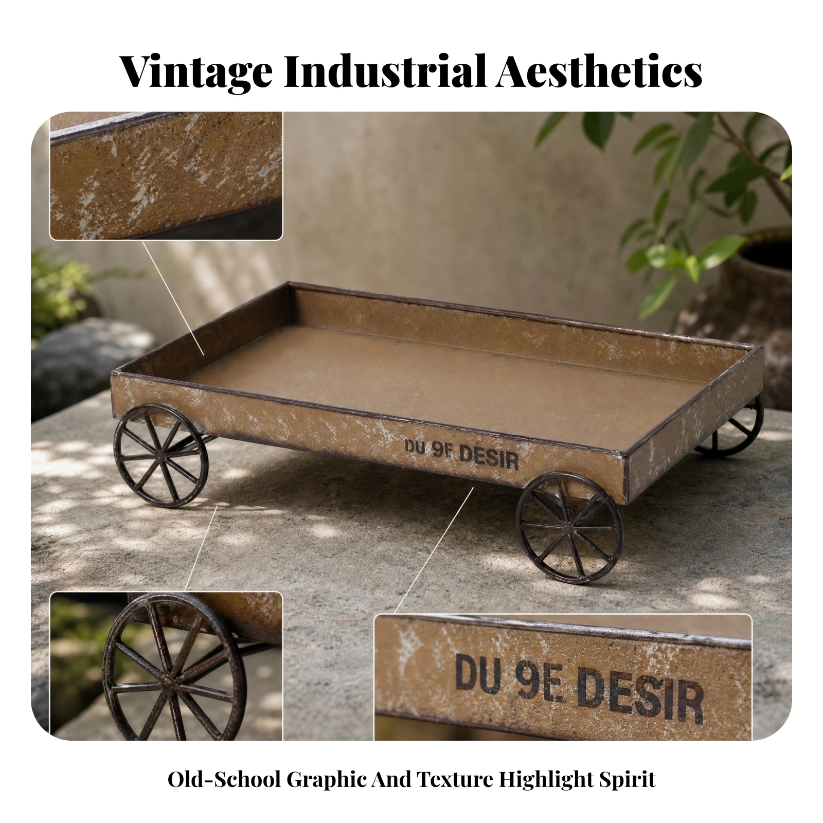 Iron Tray Spoked Wheels Rustic Metal Tray House Decoration Raised Sides
Iron Tray Spoked Wheels Rustic Metal Tray House Decoration Raised Sides