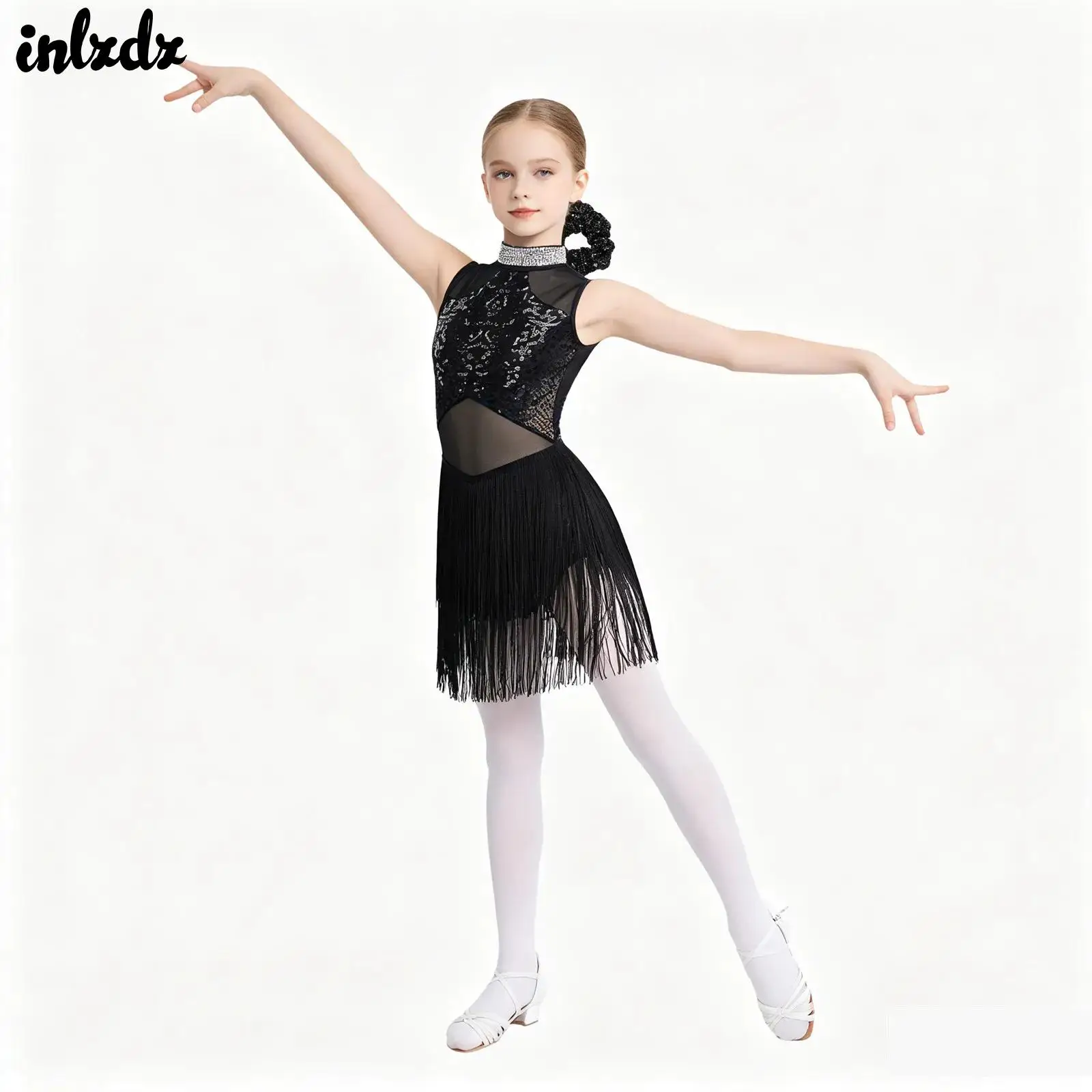 Kids Girls Shiny Rhinestone Sequins Jazz Latin Dance Performance Costume Mesh Tassel Hem Dance Leotard with Hair Tie Headwear
Kids Girls Shiny Rhinestone Sequins Jazz Latin Dance Performance Costume Mesh Tassel Hem Dance Leotard with Hair Tie Headwear