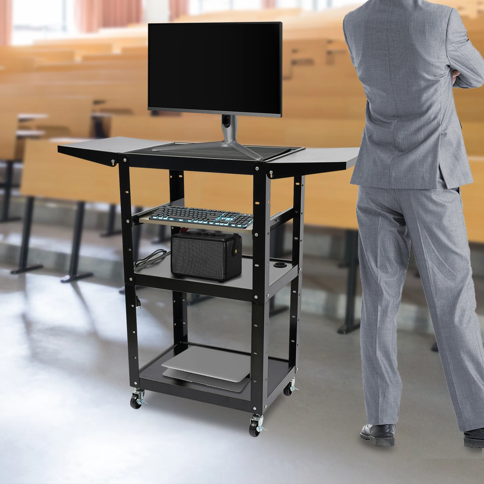 Steel AV Cart with Folding Drop Leaves Media Projector & Power Strip, Height Adjustable Rolling Computer TV Table Workstation
Steel AV Cart with Folding Drop Leaves Media Projector & Power Strip, Height Adjustable Rolling Computer TV Table Workstation