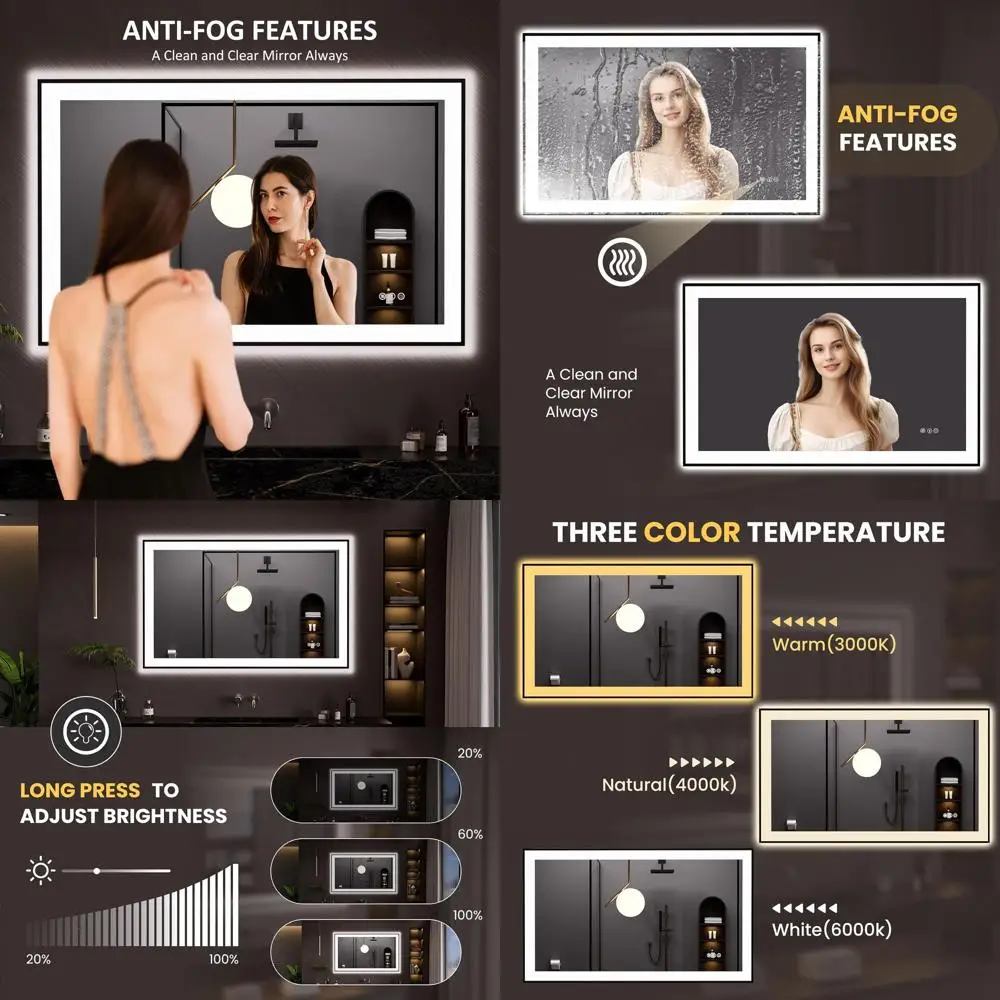 30x48 Inch Black Framed LED Bathroom Mirror with Anti-Fog, Dimmable Lighting, Tempered Glass, and Memory Function
30x48 Inch Black Framed LED Bathroom Mirror with Anti-Fog, Dimmable Lighting, Tempered Glass, and Memory Function