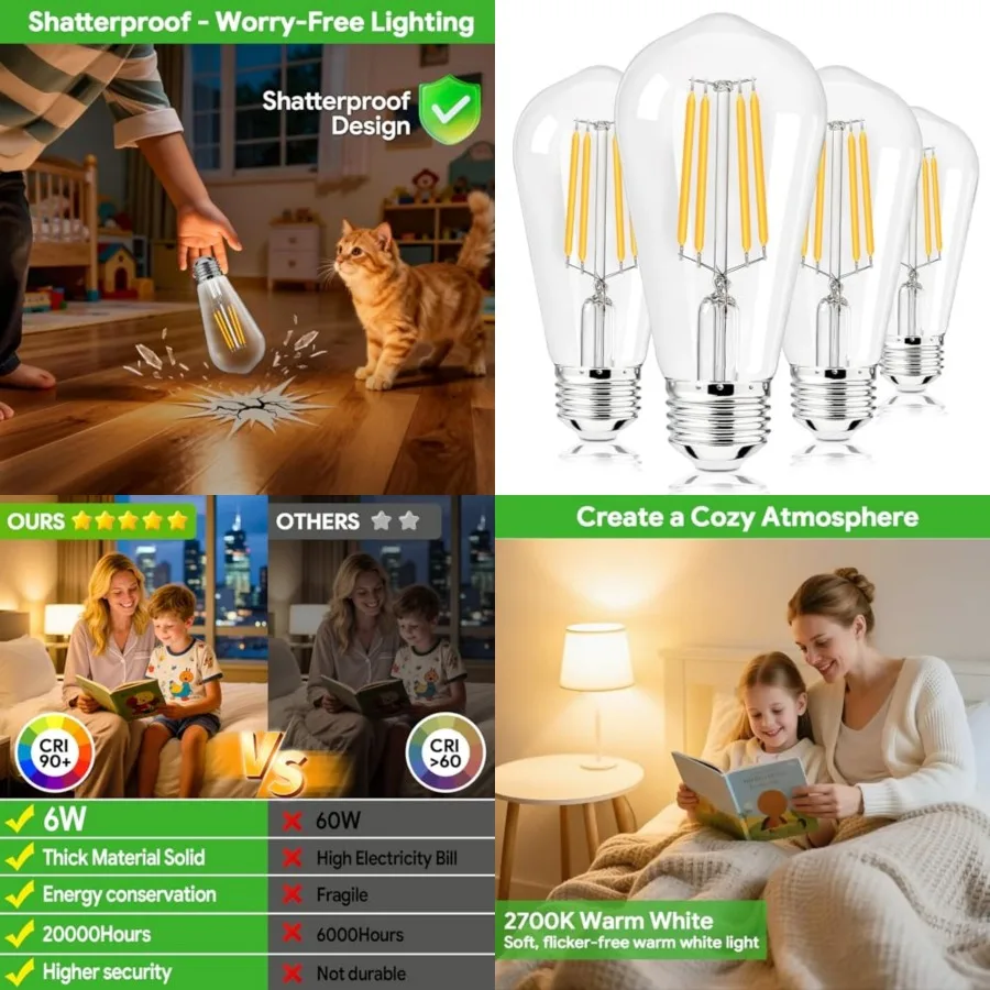 ST58 LED Light Bulbs, Shatterproof Edison Bulbs 60 Watt Equivalent, E26 Base 2700K LED Bulb, Vintage Decorative Light for Home
ST58 LED Light Bulbs, Shatterproof Edison Bulbs 60 Watt Equivalent, E26 Base 2700K LED Bulb, Vintage Decorative Light for Home