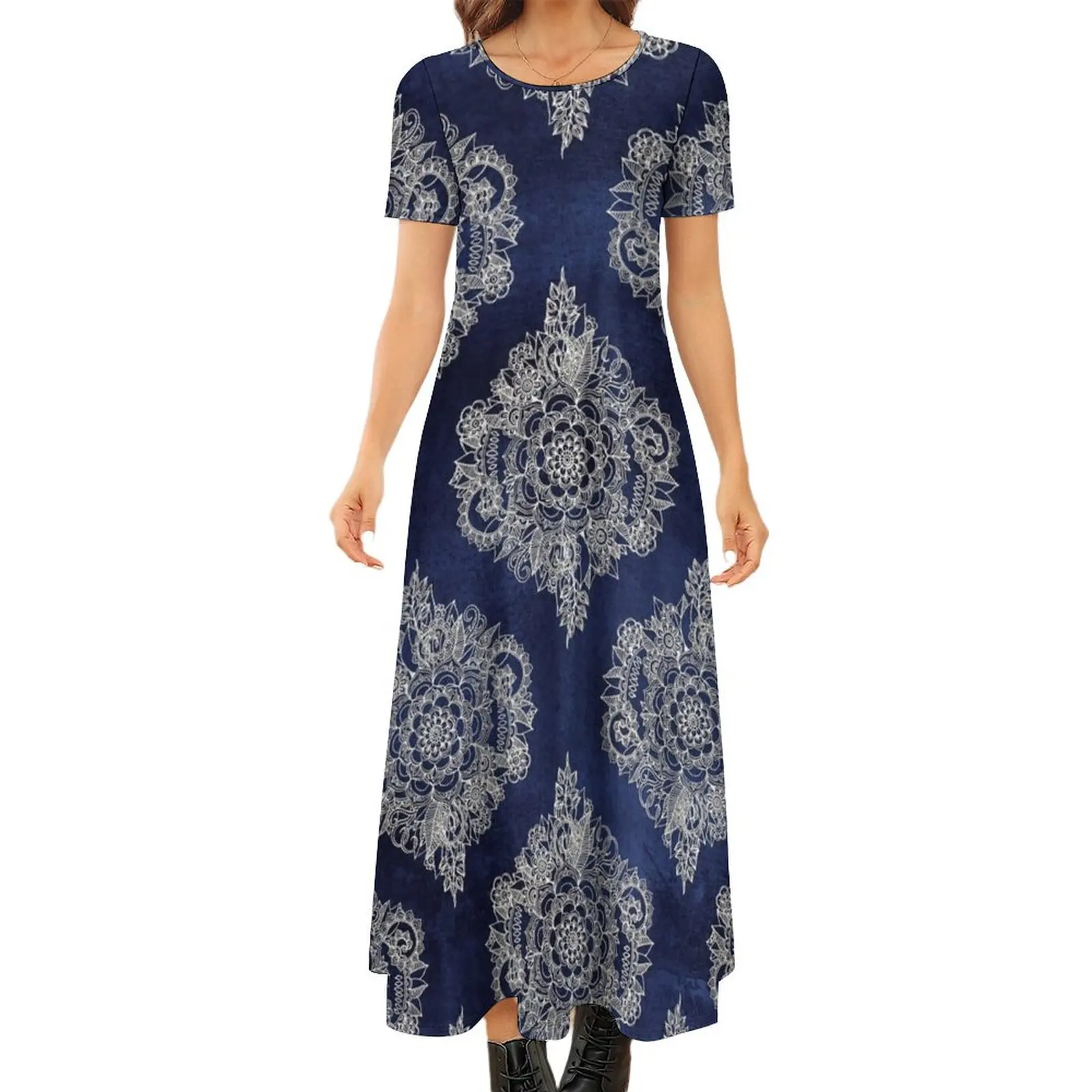Cream Floral Moroccan Pattern on Deep Indigo Ink Round Neck Short Sleeve Dress beach dresses Women"s clothing
Cream Floral Moroccan Pattern on Deep Indigo Ink Round Neck Short Sleeve Dress beach dresses Women"s clothing