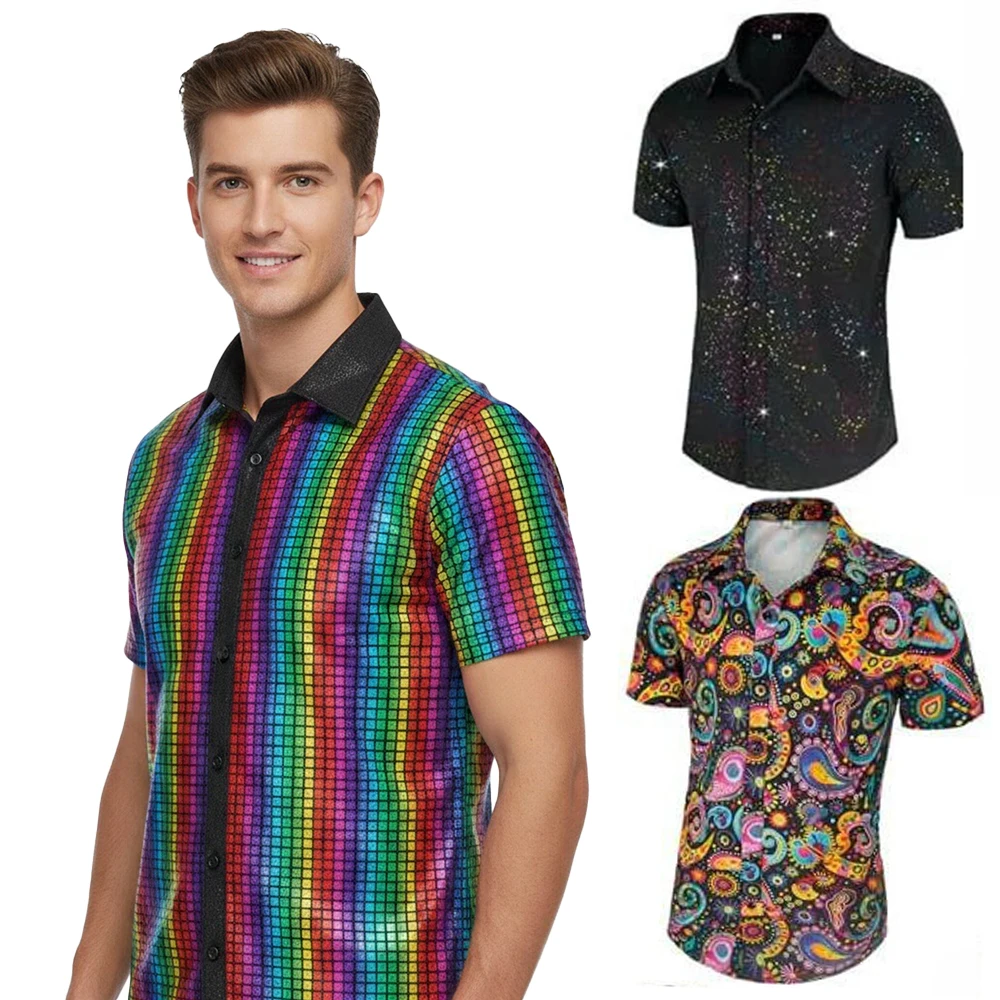 1970S-Style Men's Disco Shirt Short-Sleeve Button-Down Top with Retro Sequins and Metallic Finish Disco Outfit Party Wear
1970S-Style Men's Disco Shirt Short-Sleeve Button-Down Top with Retro Sequins and Metallic Finish Disco Outfit Party Wear