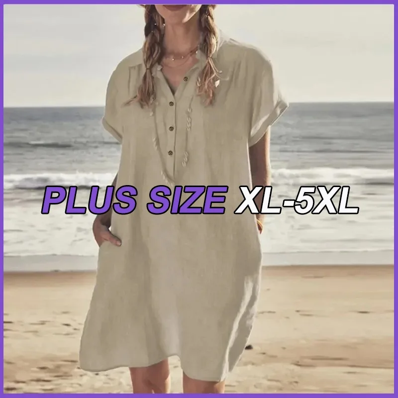 Women's 4XL 5XL Plus Size Summer Cotton And Linen Short Sleeved Button Dress with Lapel Pockets Solid Color Loose Fitting Dress
Women's 4XL 5XL Plus Size Summer Cotton And Linen Short Sleeved Button Dress with Lapel Pockets Solid Color Loose Fitting Dress