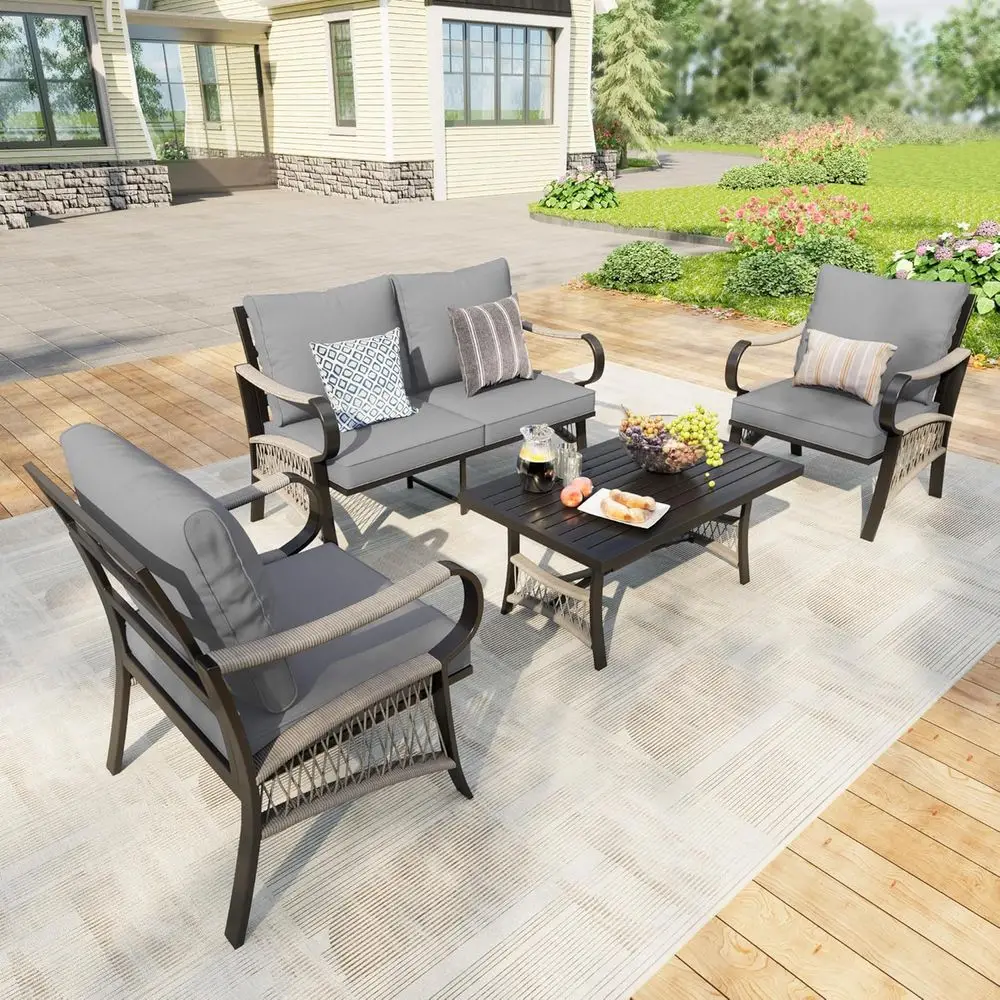 4-Piece Metal Outdoor Patio Furniture Set with Coffee Table, Gray Cushioned Sofa and Loveseat
4-Piece Metal Outdoor Patio Furniture Set with Coffee Table, Gray Cushioned Sofa and Loveseat