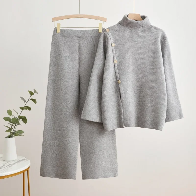 Korean Design Knitted 2 Piece Sets Casual Wide Leg Pants Outfit Women Turtleneck Spliced Knit Sweater Pullover Tops Conjuntos
Korean Design Knitted 2 Piece Sets Casual Wide Leg Pants Outfit Women Turtleneck Spliced Knit Sweater Pullover Tops Conjuntos