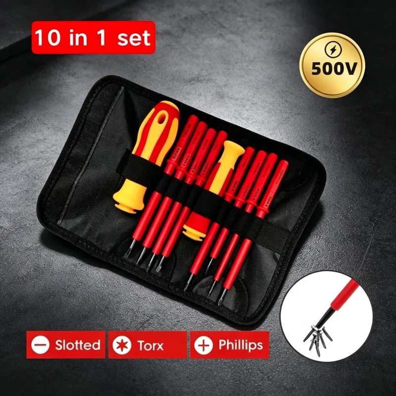 10-in-1 500V Insulated Screwdriver Set with Case Interchangeable Blades Magnetic High Hardness Home Electrician Repair Tools
10-in-1 500V Insulated Screwdriver Set with Case Interchangeable Blades Magnetic High Hardness Home Electrician Repair Tools
