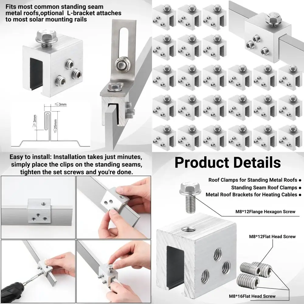 24-Set Metal Roof Clamps for Standing Seam Brackets and Heat Cable Guard Installation
24-Set Metal Roof Clamps for Standing Seam Brackets and Heat Cable Guard Installation