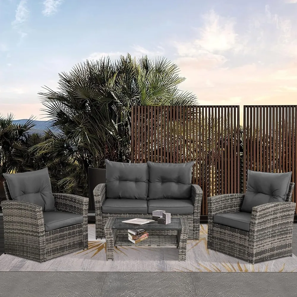 Outdoor Conversation Sets 4-Piece Wicker Rattan Sectional Sofa, Outside Patio Furniture with 2-Tier Glass Coffee Table for Balco
Outdoor Conversation Sets 4-Piece Wicker Rattan Sectional Sofa, Outside Patio Furniture with 2-Tier Glass Coffee Table for Balco