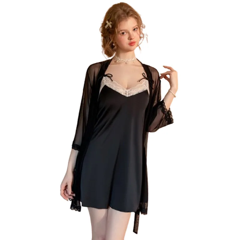 Silky Satin Lace Nightgown Dress With Chest Pads Deep V-neck Seductive Bow Embellishments And Home Robe Dress Elegant S9WP
Silky Satin Lace Nightgown Dress With Chest Pads Deep V-neck Seductive Bow Embellishments And Home Robe Dress Elegant S9WP
