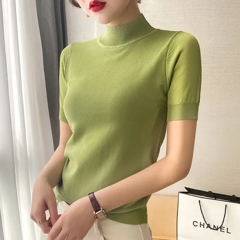 Korean Spring Summer New Half High Neck Slim Fit Versatile Short Sleeve Knitwear Women Solid Patchwork Screw Thread Pullover Top
Korean Spring Summer New Half High Neck Slim Fit Versatile Short Sleeve Knitwear Women Solid Patchwork Screw Thread Pullover Top