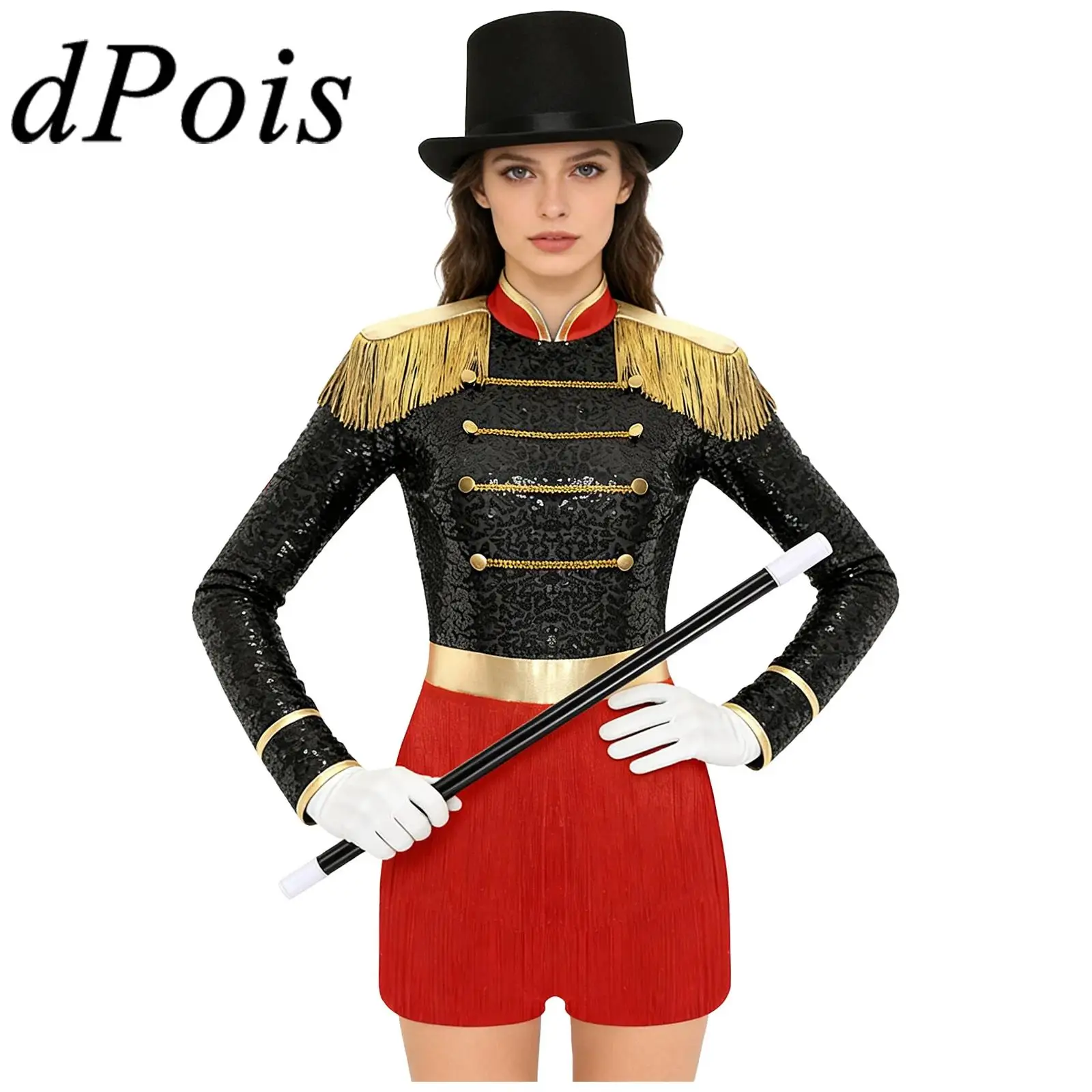 Womens Magician Lion Tamer Cosplay Circus Ringmaster Costume Roleplay Outfit Showman Dress-up Bodysuit with Gloves Hat Wand
Womens Magician Lion Tamer Cosplay Circus Ringmaster Costume Roleplay Outfit Showman Dress-up Bodysuit with Gloves Hat Wand