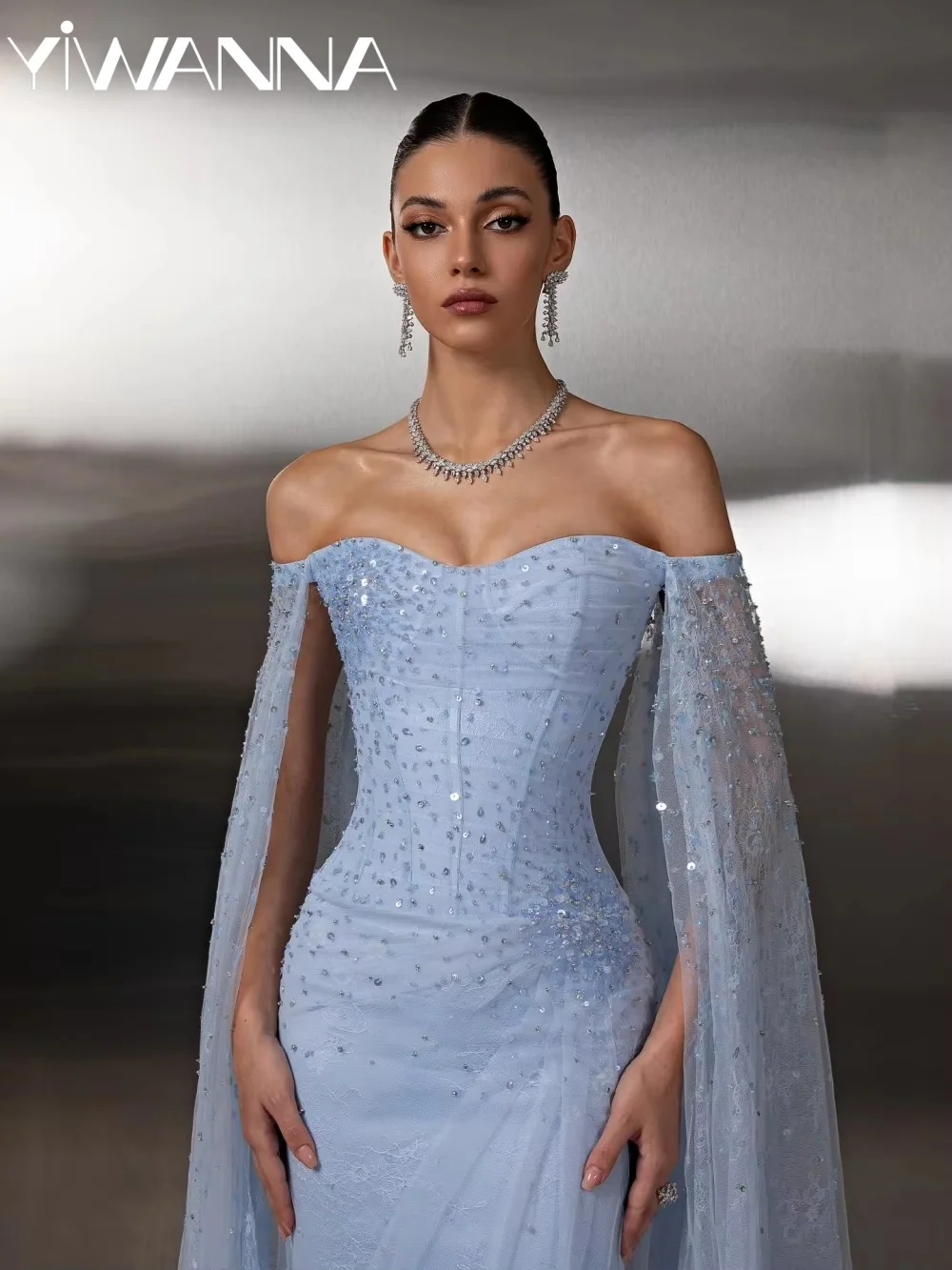 Light Blue Beaded Lace Evening Dress Elegant Charming Cape Seeve Wedding Party Gown Customized Mermaid Long Banquet Gowns
Light Blue Beaded Lace Evening Dress Elegant Charming Cape Seeve Wedding Party Gown Customized Mermaid Long Banquet Gowns