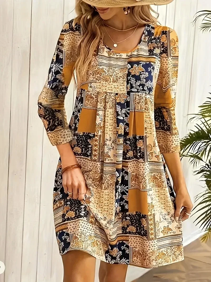 Plus Size 1XL-5XL Women's 3/4 Sleeve Dress Printed Round Neck Long Dress Casual Chest Fold Long Dress
Plus Size 1XL-5XL Women's 3/4 Sleeve Dress Printed Round Neck Long Dress Casual Chest Fold Long Dress