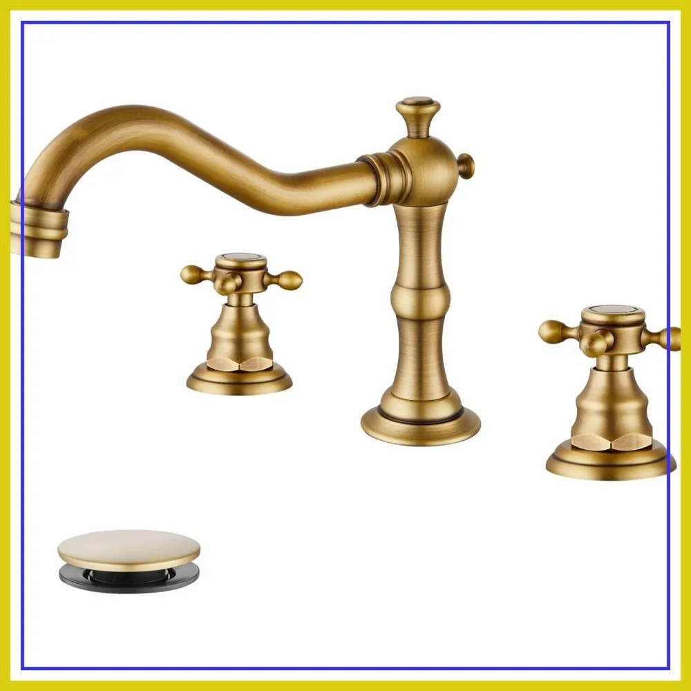 3 Hole Widespread Bathroom Sink Faucet, Double Cross Handle Mixer Tap, Deck Mount, Antique Brass, Matching Pop Up Drain
3 Hole Widespread Bathroom Sink Faucet, Double Cross Handle Mixer Tap, Deck Mount, Antique Brass, Matching Pop Up Drain