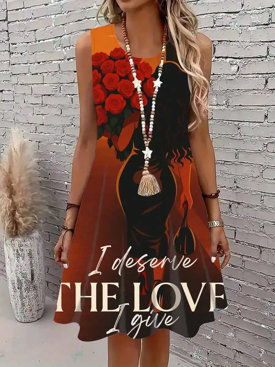 Sleeveless Print Dress With Rose Silhouette And I Deserve The Love I Give Text For Casual Wear
Sleeveless Print Dress With Rose Silhouette And I Deserve The Love I Give Text For Casual Wear