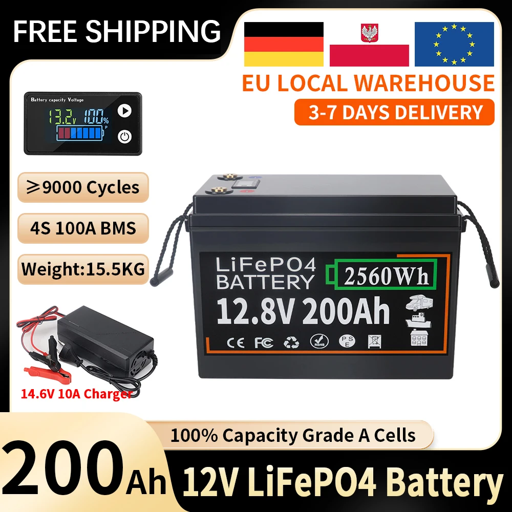 12V 200Ah LiFePO4 Battery Built-in BMS Lithium Iron Phosphate Cells 9000 Cycles For RV Campers Golf Cart Solar Storage + Charger
12V 200Ah LiFePO4 Battery Built-in BMS Lithium Iron Phosphate Cells 9000 Cycles For RV Campers Golf Cart Solar Storage + Charger