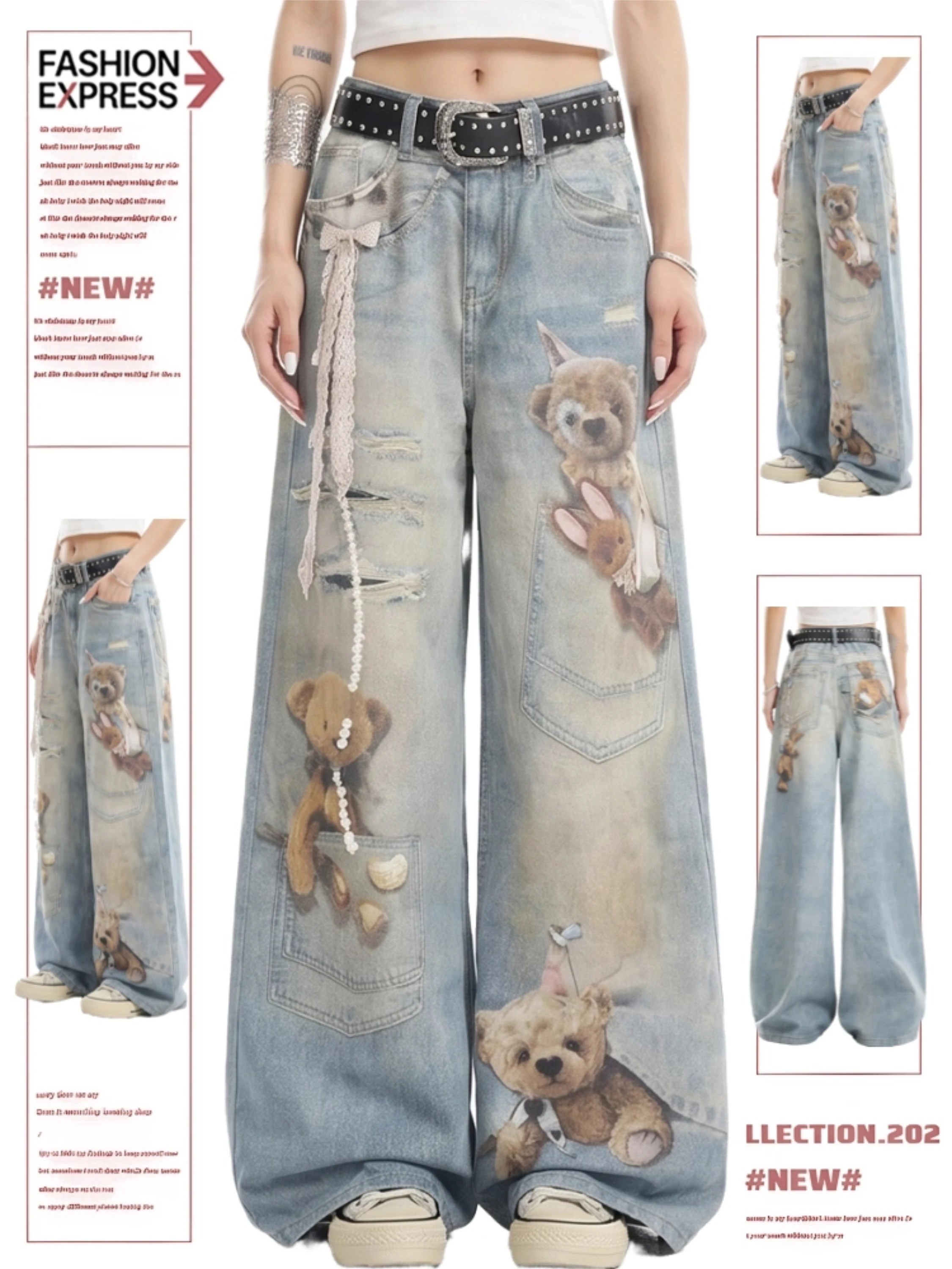High Waist Wide Leg Denim Jeans Women's American Retro Print Design Fun Anti-Aging Summer New Style Bear Pattern Casual Pants
High Waist Wide Leg Denim Jeans Women's American Retro Print Design Fun Anti-Aging Summer New Style Bear Pattern Casual Pants