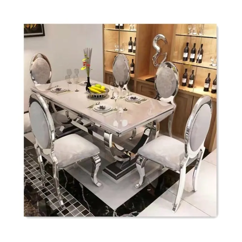 Light Luxury Marble Countertop Dining Table Silver Restaurant Modern Design Stainless Steel Dining Table and Chair
Light Luxury Marble Countertop Dining Table Silver Restaurant Modern Design Stainless Steel Dining Table and Chair