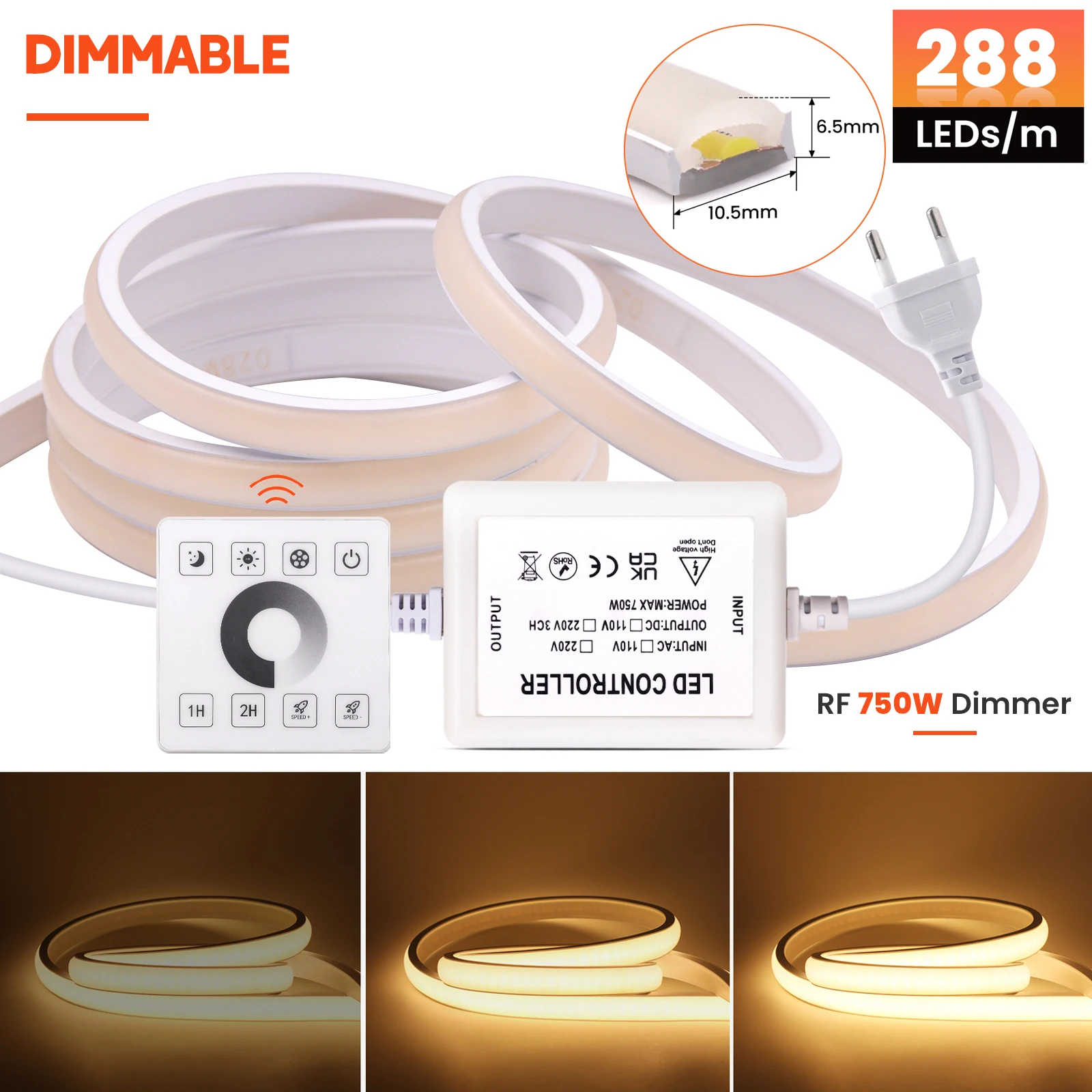Dimmable COB LED Strip Light 220V IP67 Waterproof LED Neon Strips 288LEDs/M RF Wireless Touch Panel Control Flexible Ribbon Tape
Dimmable COB LED Strip Light 220V IP67 Waterproof LED Neon Strips 288LEDs/M RF Wireless Touch Panel Control Flexible Ribbon Tape