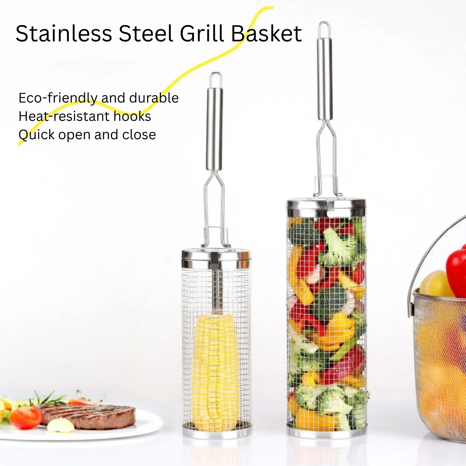 Stainless Steel Rolling Grill Basket – Essential Outdoor Cooking Accessory for Camping, BBQ, Vegetables & Shrimp (Nesting Design
Stainless Steel Rolling Grill Basket – Essential Outdoor Cooking Accessory for Camping, BBQ, Vegetables & Shrimp (Nesting Design