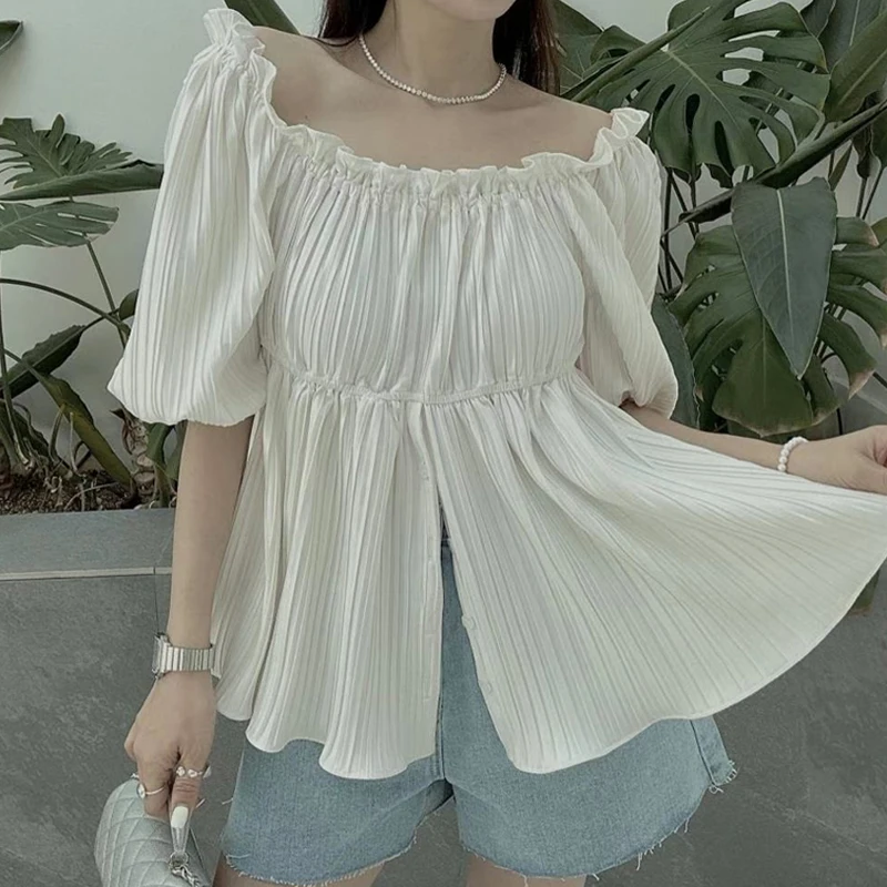 Off Shoulder Korean Fashion Elegant Blouse Women Lantern Sleeve Summer Tops Loose Pleated Lady Sweet Ruffles Simple Shirts 27027
Off Shoulder Korean Fashion Elegant Blouse Women Lantern Sleeve Summer Tops Loose Pleated Lady Sweet Ruffles Simple Shirts 27027