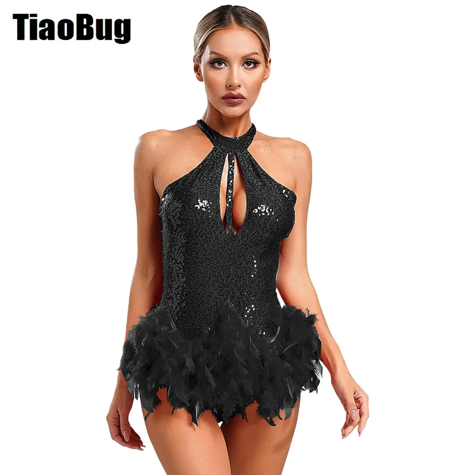 Womens Sequins Dance Leotard Halter Sleeveless Backless Keyhole Front Glittery Stage Performance Feather Dancewear
Womens Sequins Dance Leotard Halter Sleeveless Backless Keyhole Front Glittery Stage Performance Feather Dancewear