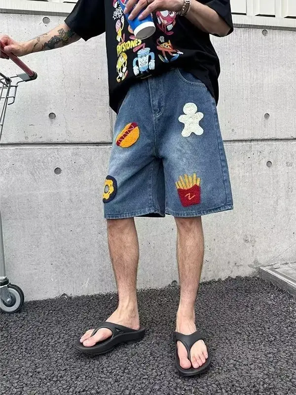 American Retro Cartoon Embroidery Jeans orts Men Summer New Loose Slimming Casual Wide Leg Pants mid Waist Zipper Fly
American Retro Cartoon Embroidery Jeans orts Men Summer New Loose Slimming Casual Wide Leg Pants mid Waist Zipper Fly