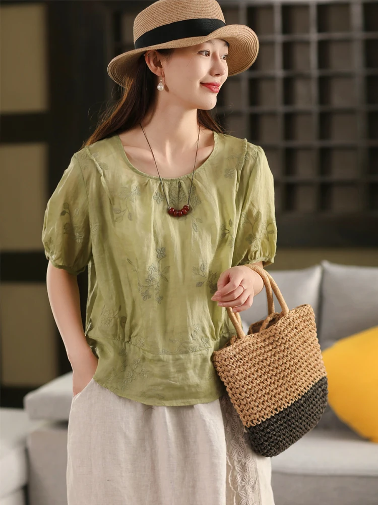 Ele Embroidered Linen irt Women's Thin ort Sve round Ne Casual Summer Top Comfortable Breathable Commute Sle
Ele Embroidered Linen irt Women's Thin ort Sve round Ne Casual Summer Top Comfortable Breathable Commute Sle