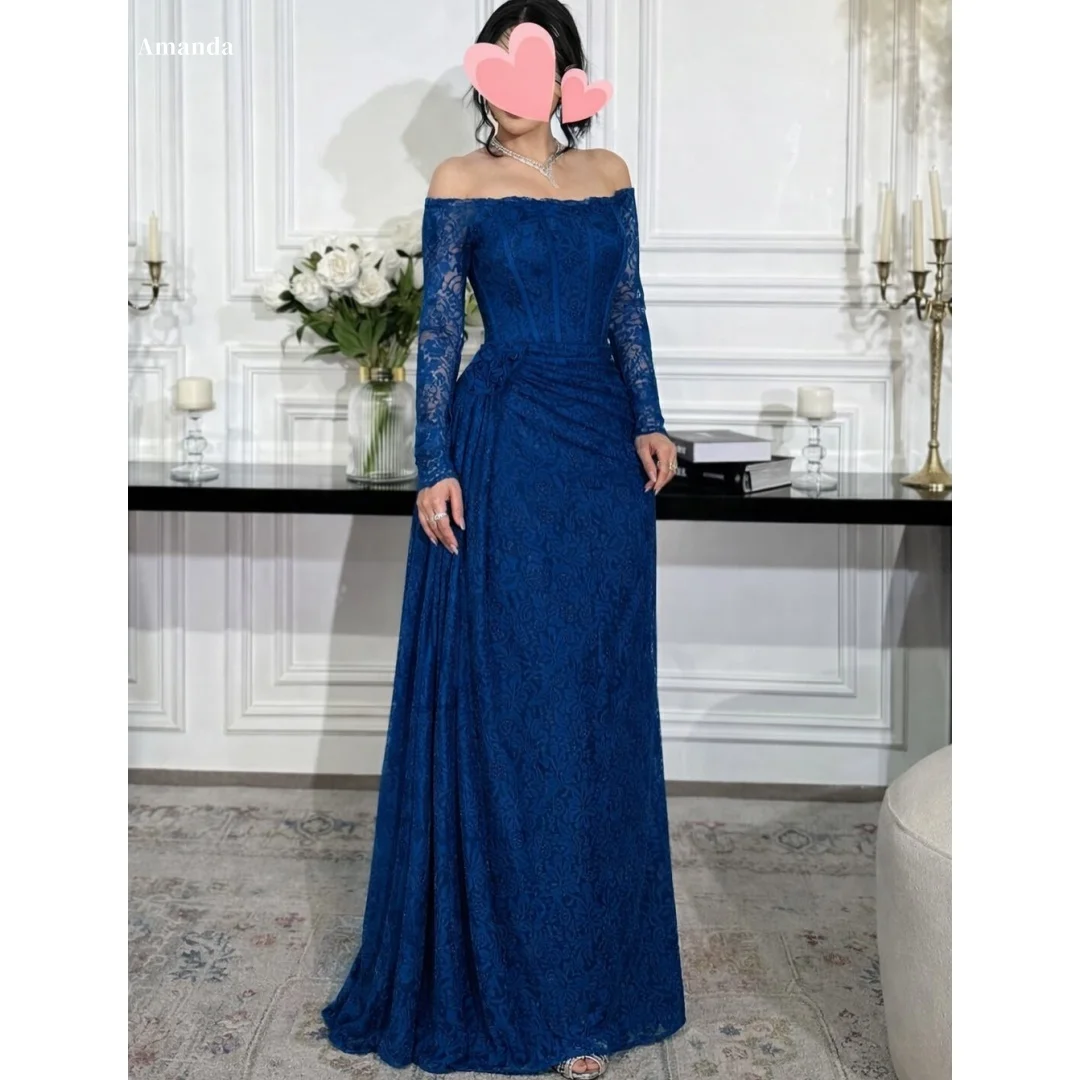 Amanda Customized Royal Blue Off Shoulder Prom Dress with Sheer Lace Long Sleeves and Ruched Waist Detail vestidos de noche
Amanda Customized Royal Blue Off Shoulder Prom Dress with Sheer Lace Long Sleeves and Ruched Waist Detail vestidos de noche
