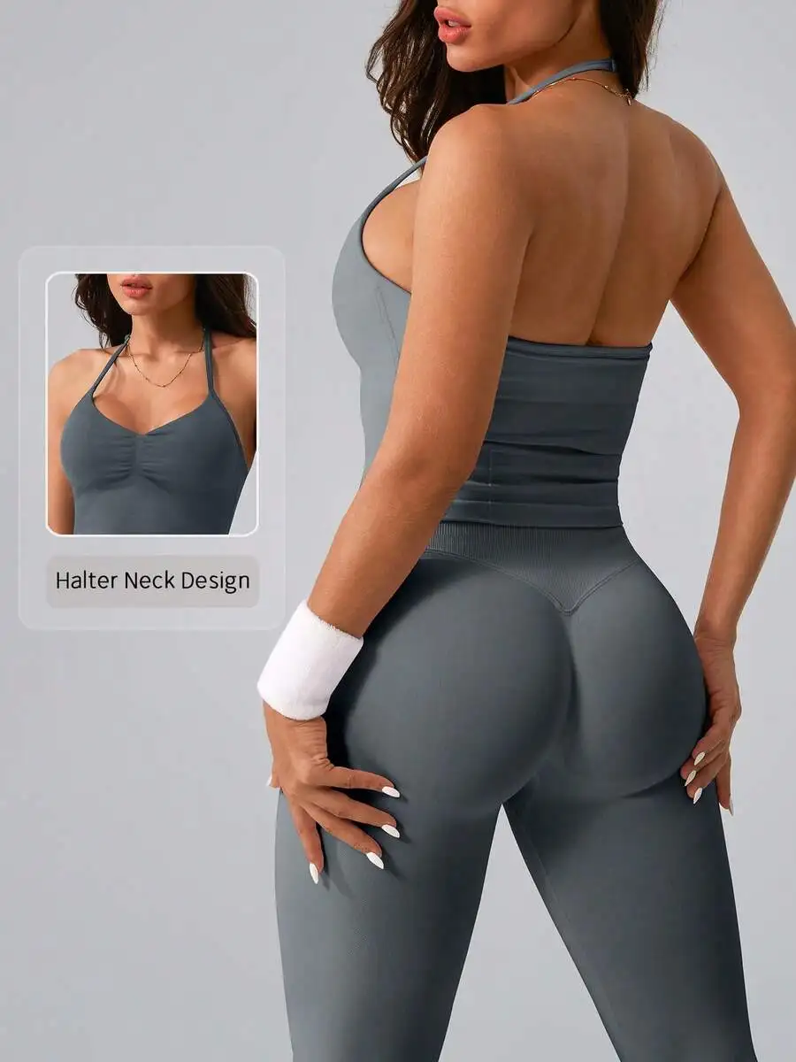 Womens Backless Halter Neck Sports Bra And High Waisted Leggings Set
Womens Backless Halter Neck Sports Bra And High Waisted Leggings Set