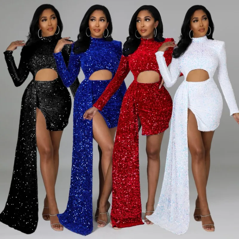 Elegant Sexy Ribbon Sequins Mini Party Dress Women Hollow Out Mock Neck Full Sleeve Split Bodycon Clubwear Long Evening Gown
Elegant Sexy Ribbon Sequins Mini Party Dress Women Hollow Out Mock Neck Full Sleeve Split Bodycon Clubwear Long Evening Gown