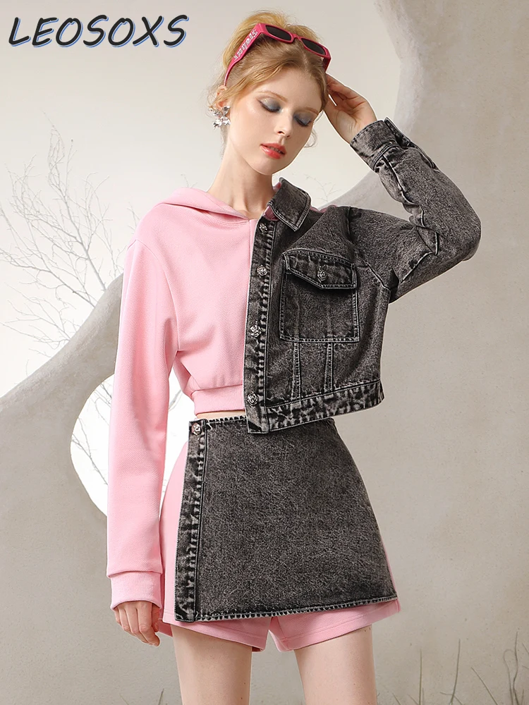 LEOSOXS Hooded Sweater Culottes Set Spring New Denim Splicing Design Irregular Women Two-piece Set Patchwork Hoodies and Shorts
LEOSOXS Hooded Sweater Culottes Set Spring New Denim Splicing Design Irregular Women Two-piece Set Patchwork Hoodies and Shorts