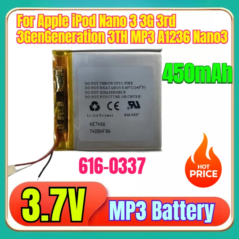3.7V 450mAh 616-0337 Replacement Battery For Apple iPod Nano 3 3G 3rd 3Gen Generation 3TH MP3 A1236 Nano3 Battery + Free Tools
3.7V 450mAh 616-0337 Replacement Battery For Apple iPod Nano 3 3G 3rd 3Gen Generation 3TH MP3 A1236 Nano3 Battery + Free Tools