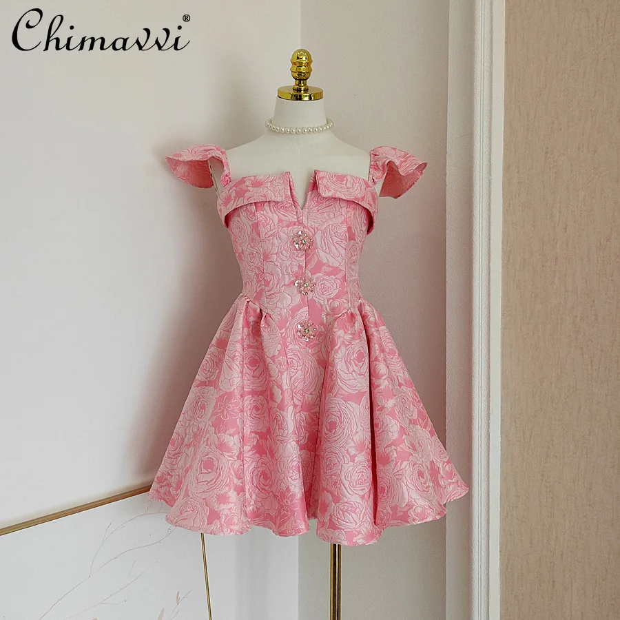 French Elegant Socialite Embossed Jacquard Beads Ruffles Sleeveless High Waist Slim A-line Sweet Princess Pink Party Dress Women
French Elegant Socialite Embossed Jacquard Beads Ruffles Sleeveless High Waist Slim A-line Sweet Princess Pink Party Dress Women