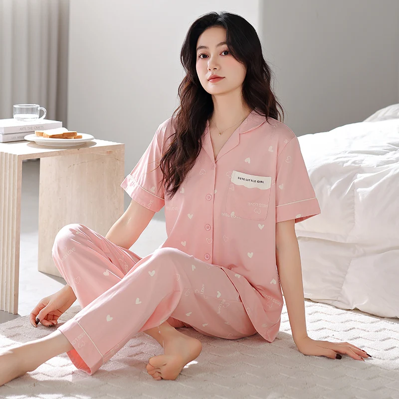 High Quality M-3XL Women Pajamas Set Summer 100% Cotton Short Sleeve Turn-down Collar Leisure
High Quality M-3XL Women Pajamas Set Summer 100% Cotton Short Sleeve Turn-down Collar Leisure