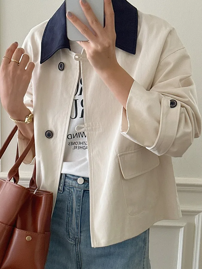 Fall New Sle Single Button Women's Korean Version Retro Collar Patchwork ort Coat Jaet Small Size Windbreaker Outerwear
Fall New Sle Single Button Women's Korean Version Retro Collar Patchwork ort Coat Jaet Small Size Windbreaker Outerwear