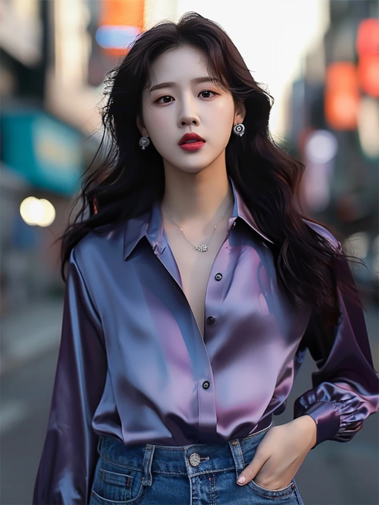 Elegant Purple Silk Women's Shirt Spring Autumn Loose Design Office Fashionable Beautiful Top Trendy Korean Style Long Sleeve
Elegant Purple Silk Women's Shirt Spring Autumn Loose Design Office Fashionable Beautiful Top Trendy Korean Style Long Sleeve