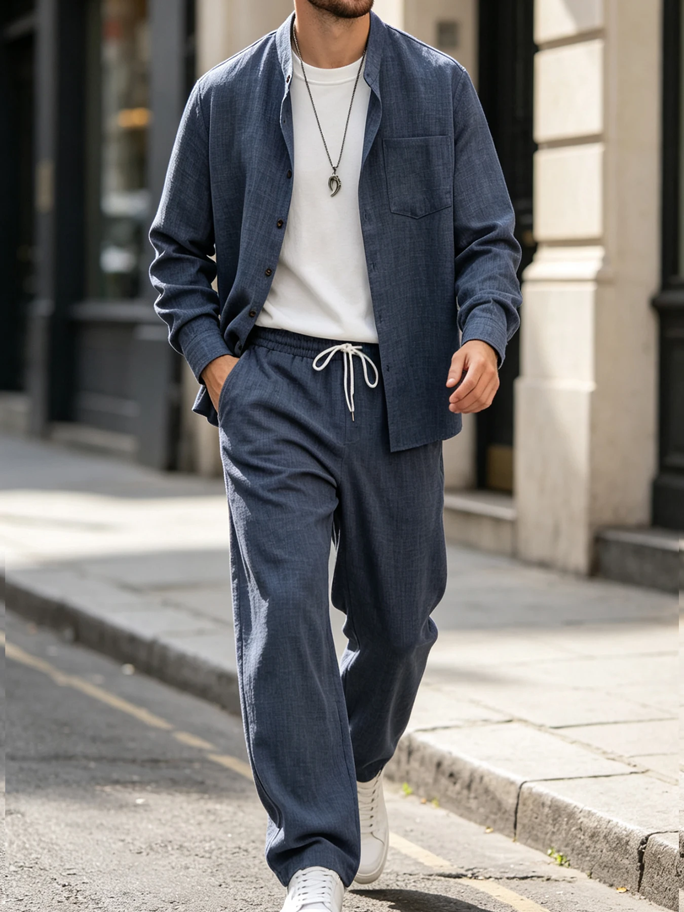 Men's Stand-Up Collar Fine-Textured Cotton-Linen Long-Sleeve Shirt and Straight-Leg Pants Two-Piece Set, Haze Blue Casual Suit, Breathable and Loose-Fitting Men's Outfit for Spring and Autumn
Men's Stand-Up Collar Fine-Textured Cotton-Linen Long-Sleeve Shirt and Straight-Leg Pants Two-Piece Set, Haze Blue Casual Suit, Breathable and Loose-Fitting Men's Outfit for Spring and Autumn