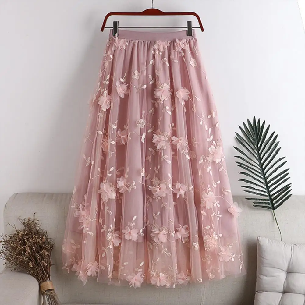 Elastic High Waist Skirt Floral Embroidery Print Mesh Midi Skirt with Double Layered Tulle Women's Elastic High Waist A-line
Elastic High Waist Skirt Floral Embroidery Print Mesh Midi Skirt with Double Layered Tulle Women's Elastic High Waist A-line